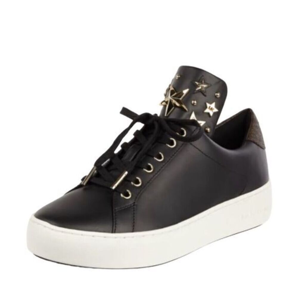 Michael Kors Mindy Women's Black Leather Gold Star Casual Sneakers - Picture 1 of 14